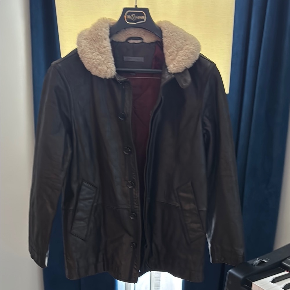 John Varvatos Men’s Brown Leather Jacket with Shearling Collar